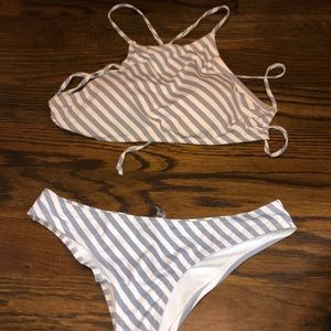 CUPSHE gray & white stripe halter top bikini